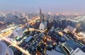 Night scenery of Bangkok City in bird`s eye view ~ Aerial panorama of Bangkok in evening twilight with busy traffic on Taksin Brid