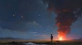Boy looking the meteor in the colorful sky
