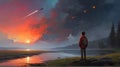 Boy looking the meteor in the colorful sky