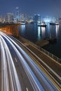 Night scenery of harbor and highway in Hong Kong city Royalty Free Stock Photo