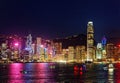 Night scenery of Hong Kong with a majestic skyline of crowded skyscrapers by Victoria Harbour Royalty Free Stock Photo