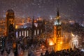 Night scenery of the Main Town of Gdansk during snowfall, Poland Royalty Free Stock Photo