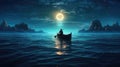 Night scenery of a man rowing a boat among many glowing moons floating on the sea, fantasy journey, surreal concept