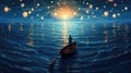 Night scenery of a man rowing a boat among many glowing moons floating on the sea, fantasy journey, surreal concept