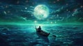 Night scenery of a man rowing a boat among many glowing moons floating on the sea, fantasy journey, surreal concept