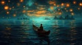 Night scenery of a man rowing a boat among many glowing moons floating on the sea, fantasy journey, surreal concept