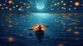 Night scenery of a man rowing a boat among many glowing moons floating on the sea, fantasy journey, surreal concept