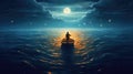 Night scenery of a man rowing a boat among many glowing moons floating on the sea, fantasy journey, surreal concept