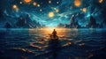 Night scenery of a man rowing a boat among many glowing moons floating on the sea, fantasy journey, surreal concept