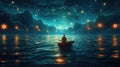 Night scenery of a man rowing a boat among many glowing moons floating on the sea, fantasy journey, surreal concept