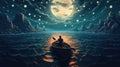 Night scenery of a man rowing a boat among many glowing moons floating on the sea, fantasy journey, surreal concept