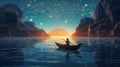 Night scenery of a man rowing a boat among many glowing moons floating on the sea, fantasy journey, surreal concept