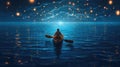 Night scenery of a man rowing a boat among many glowing moons floating on the sea, fantasy journey, surreal concept