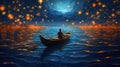 Night scenery of a man rowing a boat among many glowing moons floating on the sea, fantasy journey, surreal concept