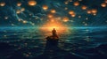 Night scenery of a man rowing a boat among many glowing moons floating on the sea, fantasy journey, surreal concept