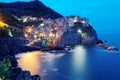 Night scenery of Manarola, an amazing village on vertical cliffs by the rocky coast in Cinque Terre National Park, with lights
