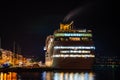 Night scenery of a modern cruise ship anchored in the port of Kalamata city, Messenia, Greece Royalty Free Stock Photo