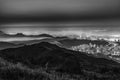 Night scenery of panorama of skyline of Hong Kong city in fog Royalty Free Stock Photo