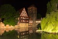 Night scenery- river Pegnitz, old bridge, old town - Nuremberg, Germany Royalty Free Stock Photo