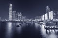 Night scenery of skyline of downtown district of Hong Kong city in monochrome Royalty Free Stock Photo