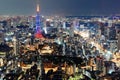Night scenery of Tokyo, with an aerial panoramic view of illuminated Tokyo Tower among crowded buildings in downtown area