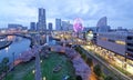 Night scenery of Yokohama Minatomirai Bay Area, with view of high rise skyscrapers in the background Royalty Free Stock Photo