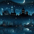 Night scenes of old cities and stars in light sky-blue and dark navy (tiled