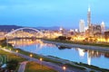 Night scenes of the Taipei city with the bridge and beautiful reflection ~ Taipei cityscape with Xinyi dist at dusk by riverside ~