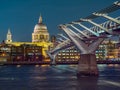 Night scenic view of the Thames river with Millennium bridge and Saint Paul`s Cathedral in the background. Royalty Free Stock Photo