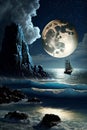 Night sea against the background of the full moon and a sailing ship Royalty Free Stock Photo