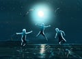 Night sea beach kids jumping Royalty Free Stock Photo