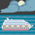 Night on the sea, moon light. Cruise ship. Flat design style. Royalty Free Stock Photo