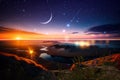 night at sea starry sky and moon on dramatic clouds sea water wave and stones on horizon blurred city light Royalty Free Stock Photo