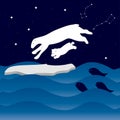 Night sea with waves, starry sky and polar bears on an ice floe. Constellation Ursa Major and Ursa Minor. Royalty Free Stock Photo