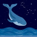 Night sea with whale and starry sky. Whale constellation.