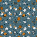 Night seamless pattern with cats astronauts discover universe. Perfect for T-shirt, textile and print. Hand drawn illustratio