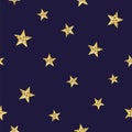 Night seamless pattern with gold glitter textured stars on the dark blue background Vector texture Royalty Free Stock Photo