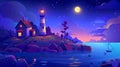 A night seascape depicting a lighthouse on island, a ship deck and starry skies. Cartoon modern background with a house Royalty Free Stock Photo