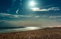 Night seascape on sand beach and full moon Royalty Free Stock Photo