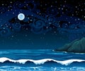 Night seascape with waves, island and full moon