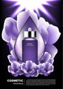 Night serum with water drop and blooming flowers on dark background and shining light vector purple cosmetic collection