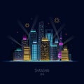 Night Shanghai in neon shine. Lights of the big city. Skyscrapers and fireworks. Concept design holiday background. Royalty Free Stock Photo