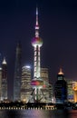 Night Shanghai skyline with Oriental Pearl Tower in the front and reflections in Huangpu river Royalty Free Stock Photo