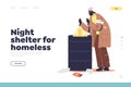 Night shelter for homeless concept of landing page with unemployed beggar warming at fire