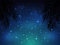 Night shining starry sky background with Palm Leaves. Vector Illustration