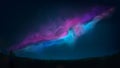 Night shining starry sky. Dark blue space background with stars, pink violet blue nebula, milky way, meteor. Starlight night in Royalty Free Stock Photo