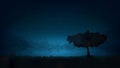 Night shining starry sky, lonely tree in the meadow. Dark blue space background with stars, nebula, meteor. Starlight night in