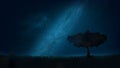 Night shining starry sky, lonely tree in the meadow. Dark blue space background with stars, nebula, meteor. Starlight night in