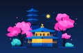 Night shinto shrine - modern colored vector illustration