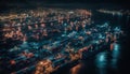 Night shipping high angle view of cityscape, water, and dusk transportation generated by AI Royalty Free Stock Photo